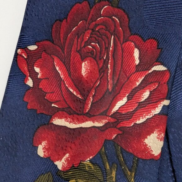 Vintage Hugo Boss Navy Blue with Red Rose Floral Silk Tie - Made in Italy - Picture 5 of 9